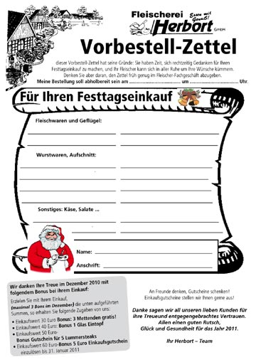 Vorbestellzettel für Weihnachten Fleischwaren Herbort GmbH